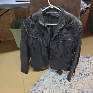 Black Fringe Leather Women's Jacket with Floral Cutouts